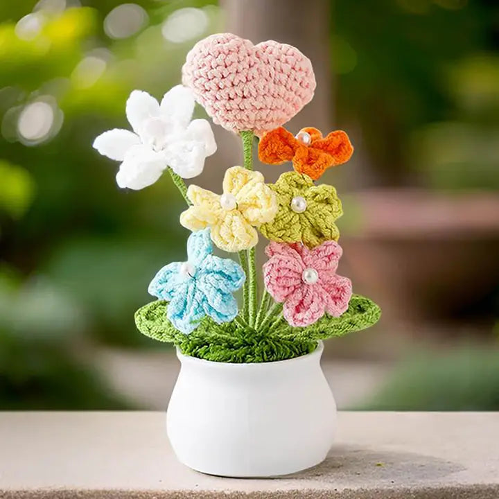 Crochet Forget_me_not Flower Heart Pot | Blue | Pink
