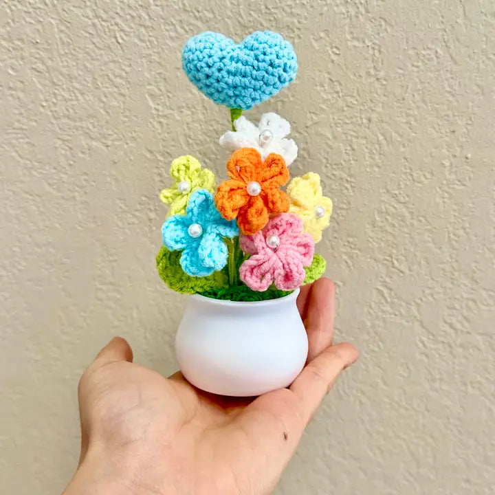 Crochet Forget_me_not Flower Heart Pot | Blue | Pink
